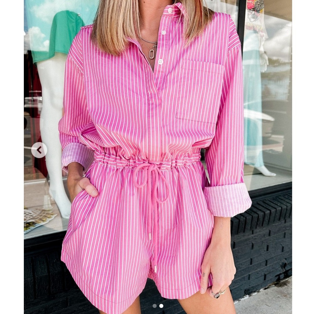 Pistola Striped Cotton Button Down Romper Size M Preppy Coastal‎ Euro Summer